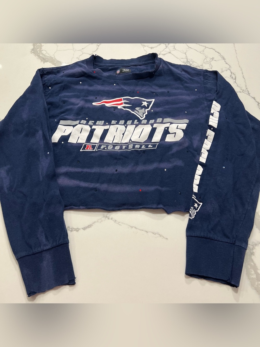NEW ENGLAND PATRIOTS Womens Rhinestone Long Sleeve Cropped Top - Size S